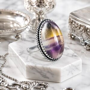 Artisan Handcrafted Jewelry Purple and Yellow Banded FLUORITE GEMSTONE RING